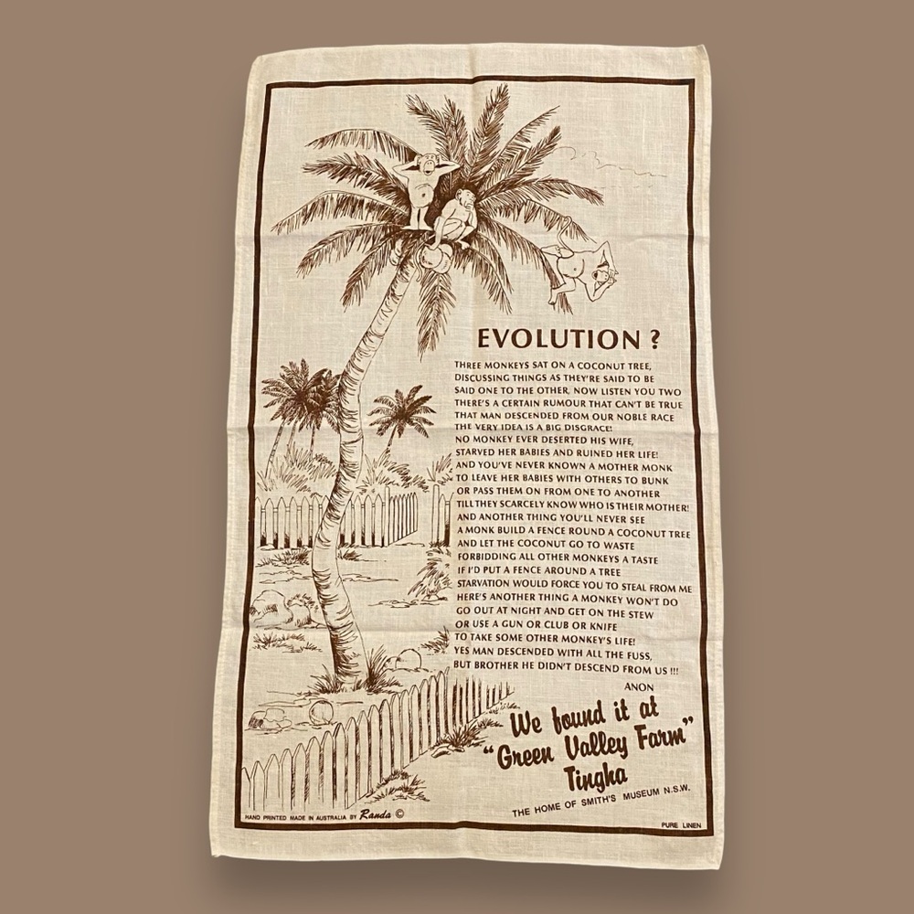 Vintage Randa Pure Linen Jumbo Tea Towel 18x30.5” Australian “Evolution” Monkeys